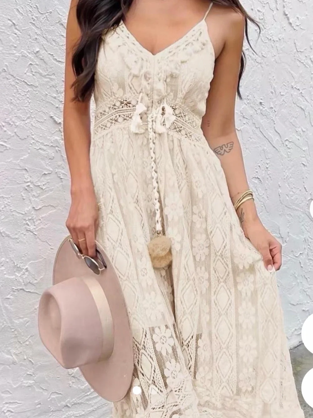 Cupshe Cream Crochet Lace Maxi Dress with Tassel Ties Size XL - Picture 5 of 16